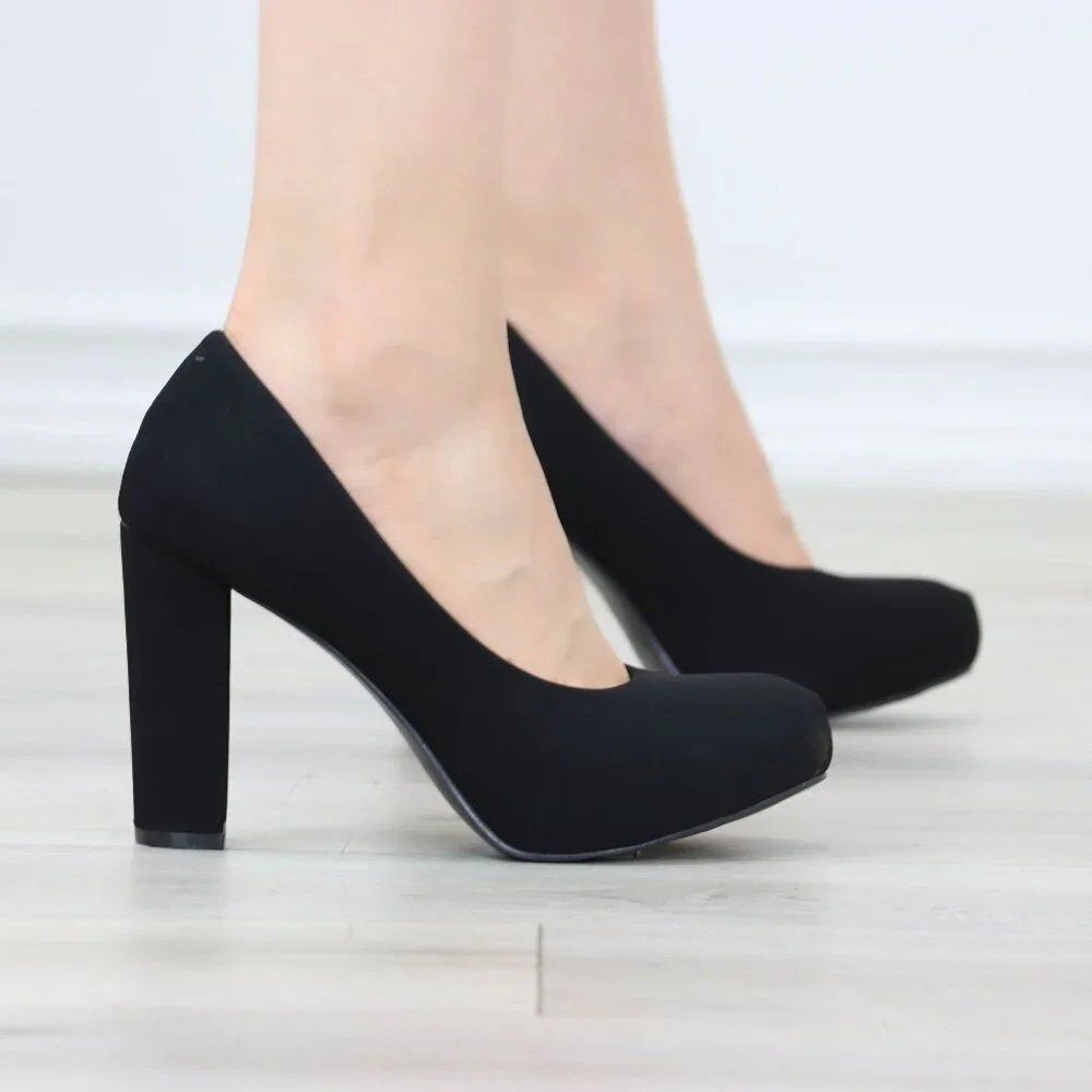 Black Block Heel Pumps Closed Toe Slip On High Heel Classic Style - Picture 10 of 12